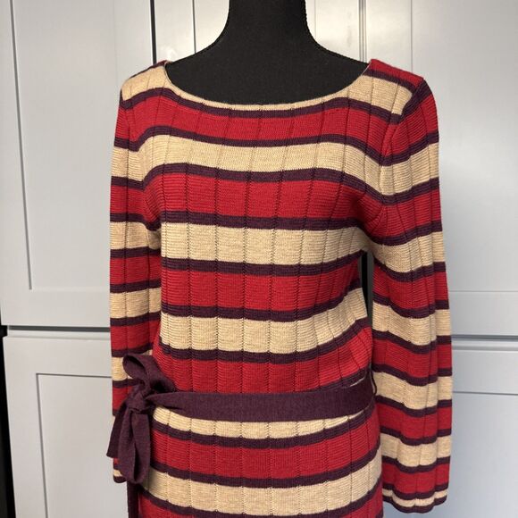Trina Turk Midi Sweater Dress Womens Large‎ Marino Wool  Long Stripped Tie - Picture 3 of 12